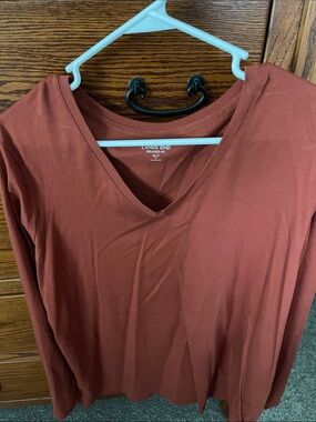 Lands' End Women's Long Sleeve V-Neck Top - Rusty Terracotta